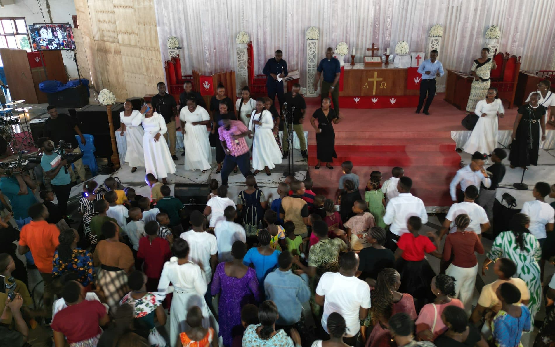 The sanctuary during Sunday worship, seen from above